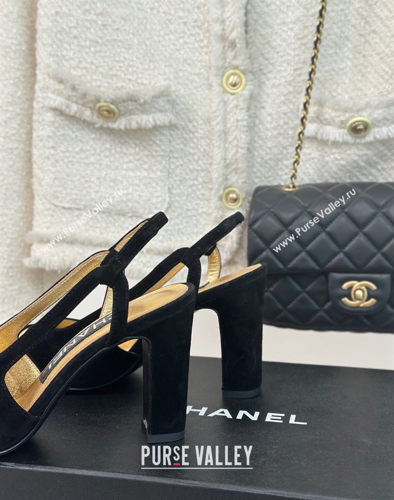 Chanel Suede Metallic Calfskin Slingback Pumps Black/Gold 2024 CH121303 (MD-240108032)