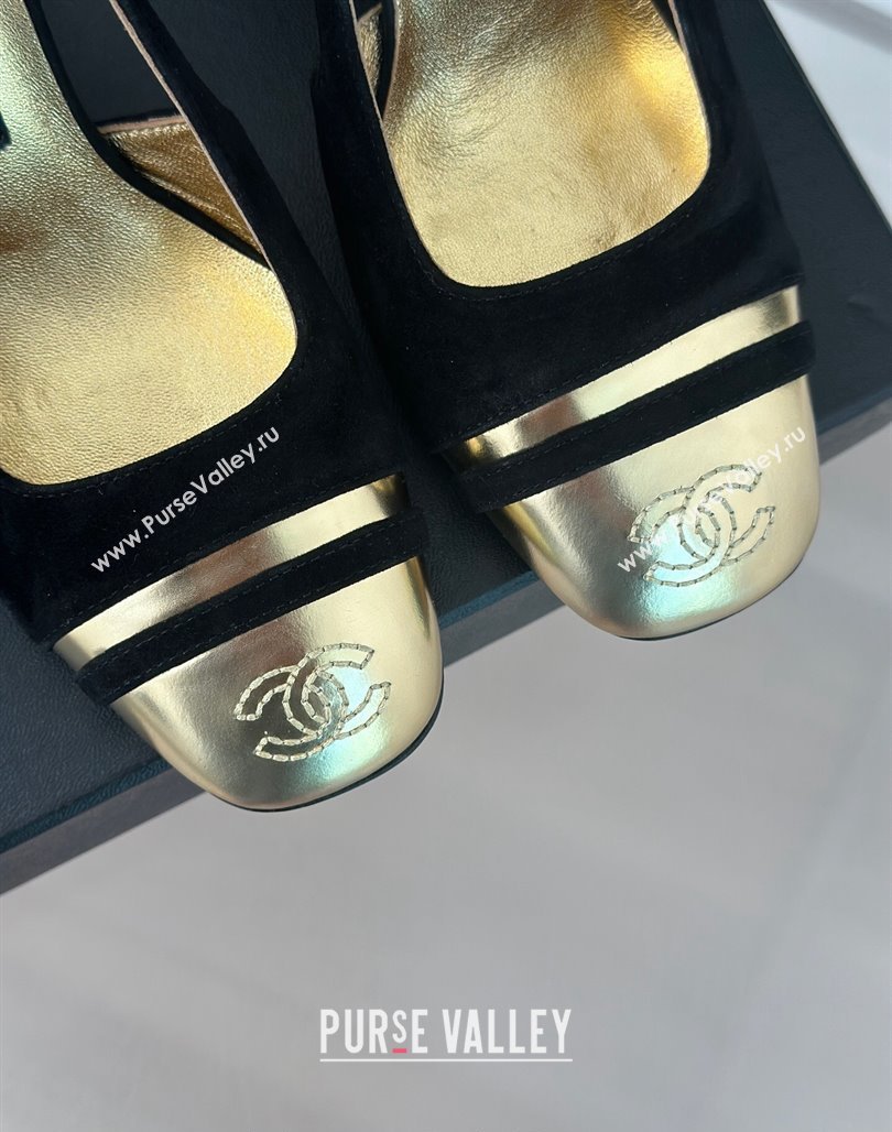 Chanel Suede Metallic Calfskin Slingback Pumps Black/Gold 2024 CH121303 (MD-240108032)