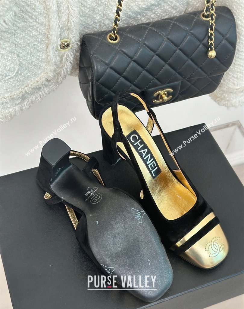 Chanel Suede Metallic Calfskin Slingback Pumps Black/Gold 2024 CH121303 (MD-240108032)