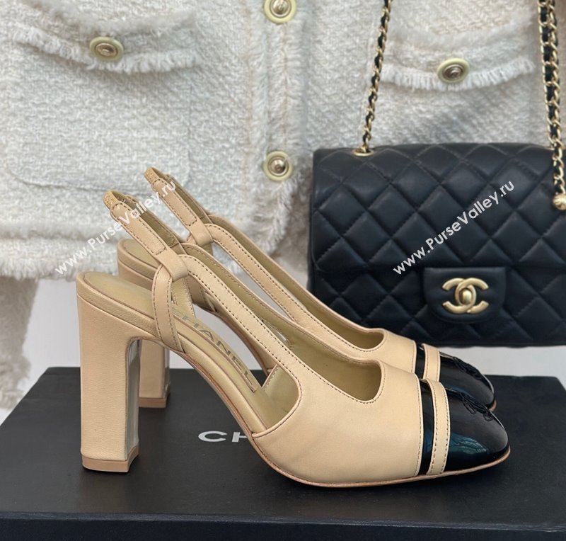 Chanel Calfskin Leather Slingback Pumps Beige/Black 2024 CH121303 (MD-240108033)