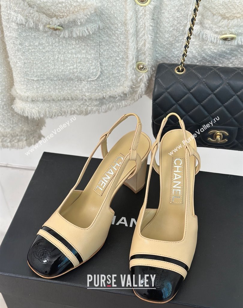 Chanel Calfskin Leather Slingback Pumps Beige/Black 2024 CH121303 (MD-240108033)