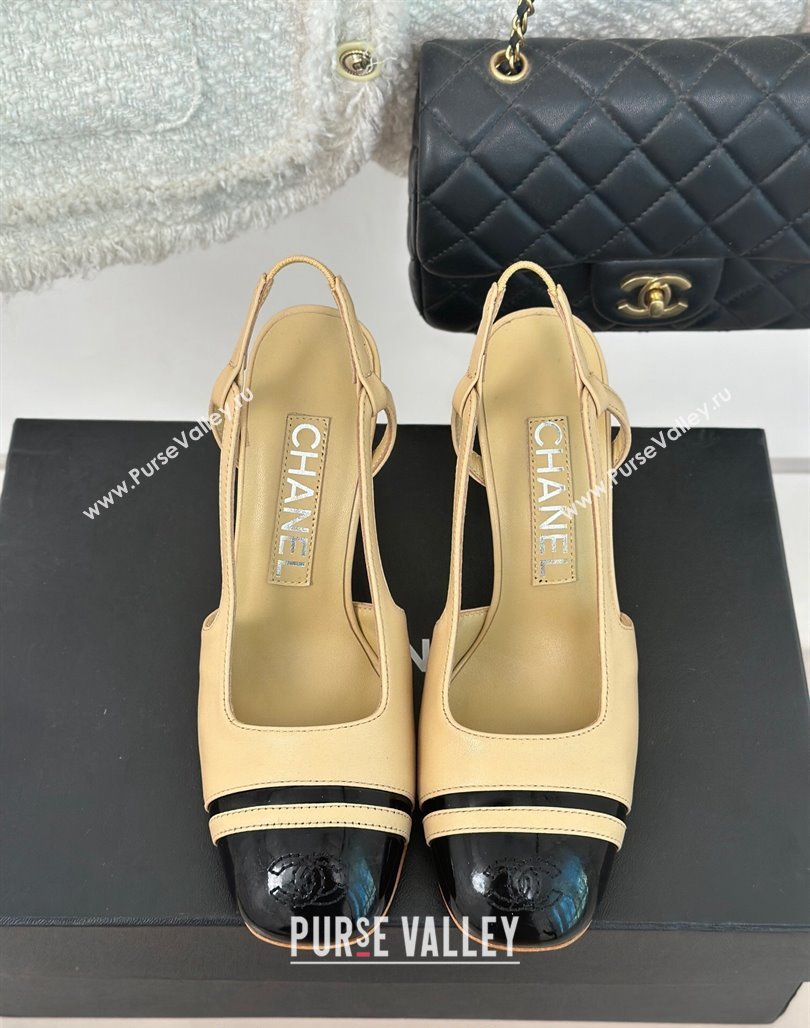 Chanel Calfskin Leather Slingback Pumps Beige/Black 2024 CH121303 (MD-240108033)