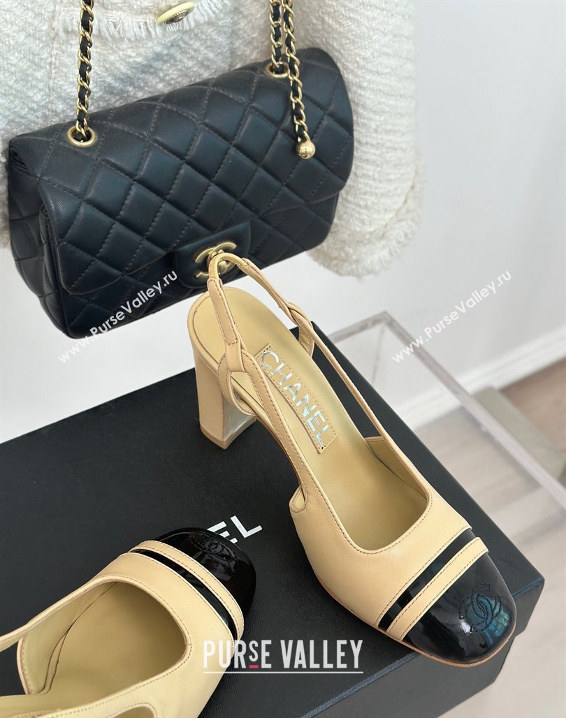 Chanel Calfskin Leather Slingback Pumps Beige/Black 2024 CH121303 (MD-240108033)