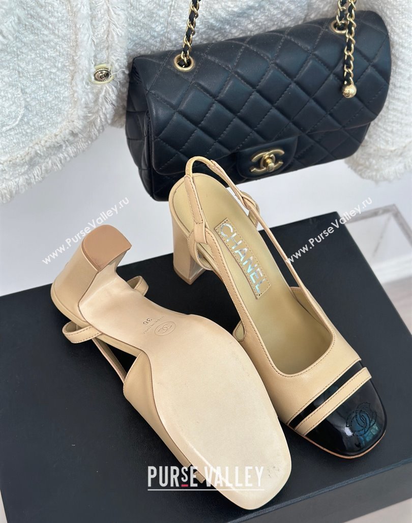 Chanel Calfskin Leather Slingback Pumps Beige/Black 2024 CH121303 (MD-240108033)