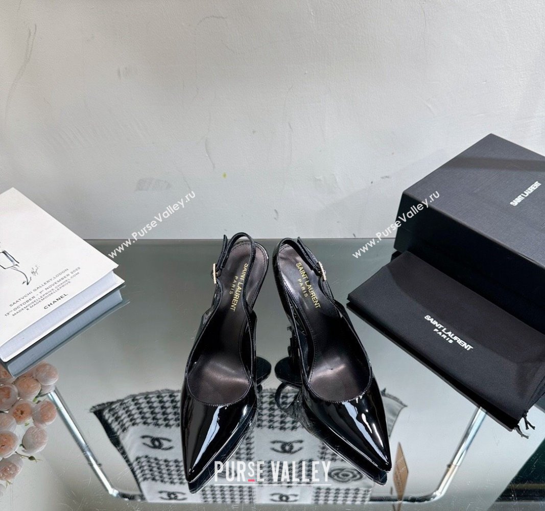 Saint Laurent Opyum Slingback Pumps 10.5cm in Black Patent Leather with Crystal Buckle 2024 YSL010801 (MD-240108081)