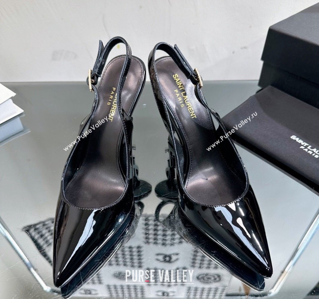 Saint Laurent Opyum Slingback Pumps 10.5cm in Black Patent Leather with Crystal Buckle 2024 YSL010801 (MD-240108081)
