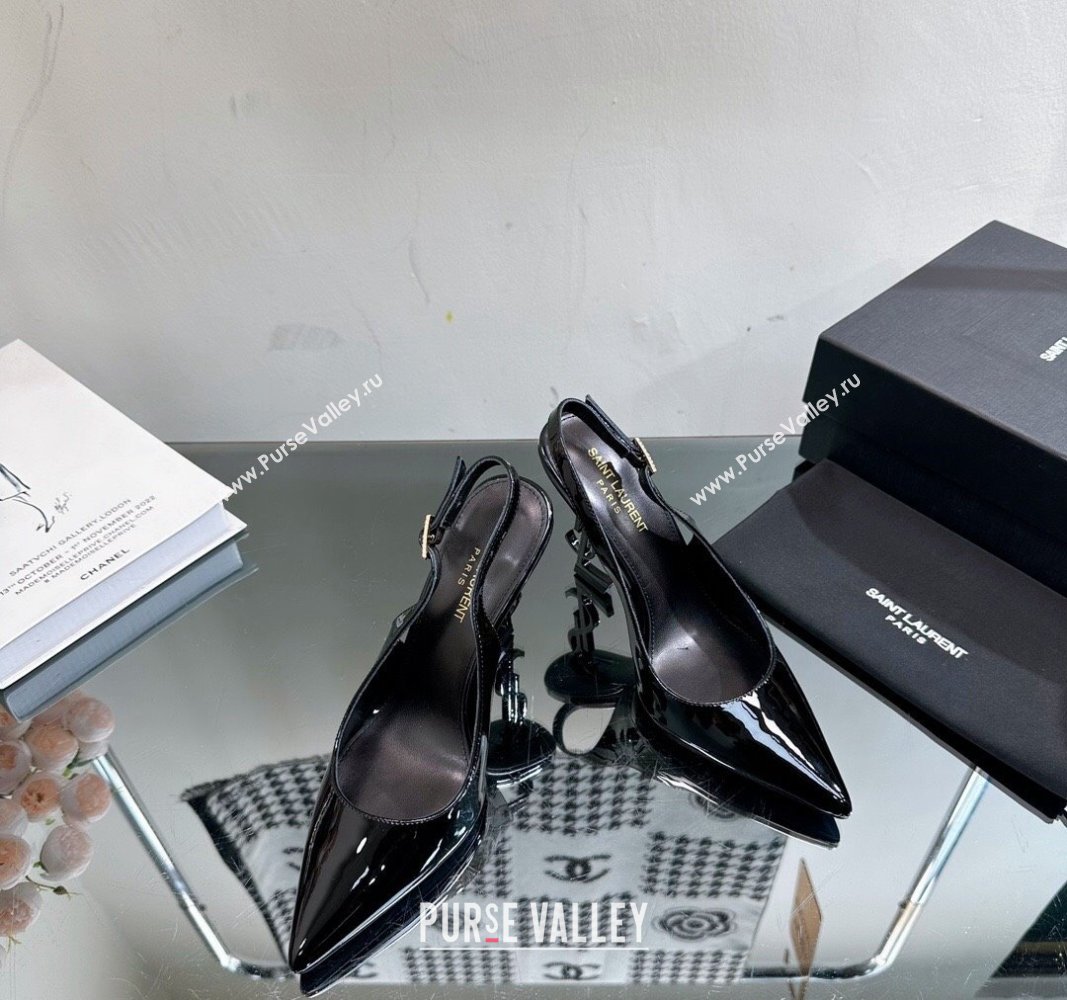 Saint Laurent Opyum Slingback Pumps 10.5cm in Black Patent Leather with Crystal Buckle 2024 YSL010801 (MD-240108081)
