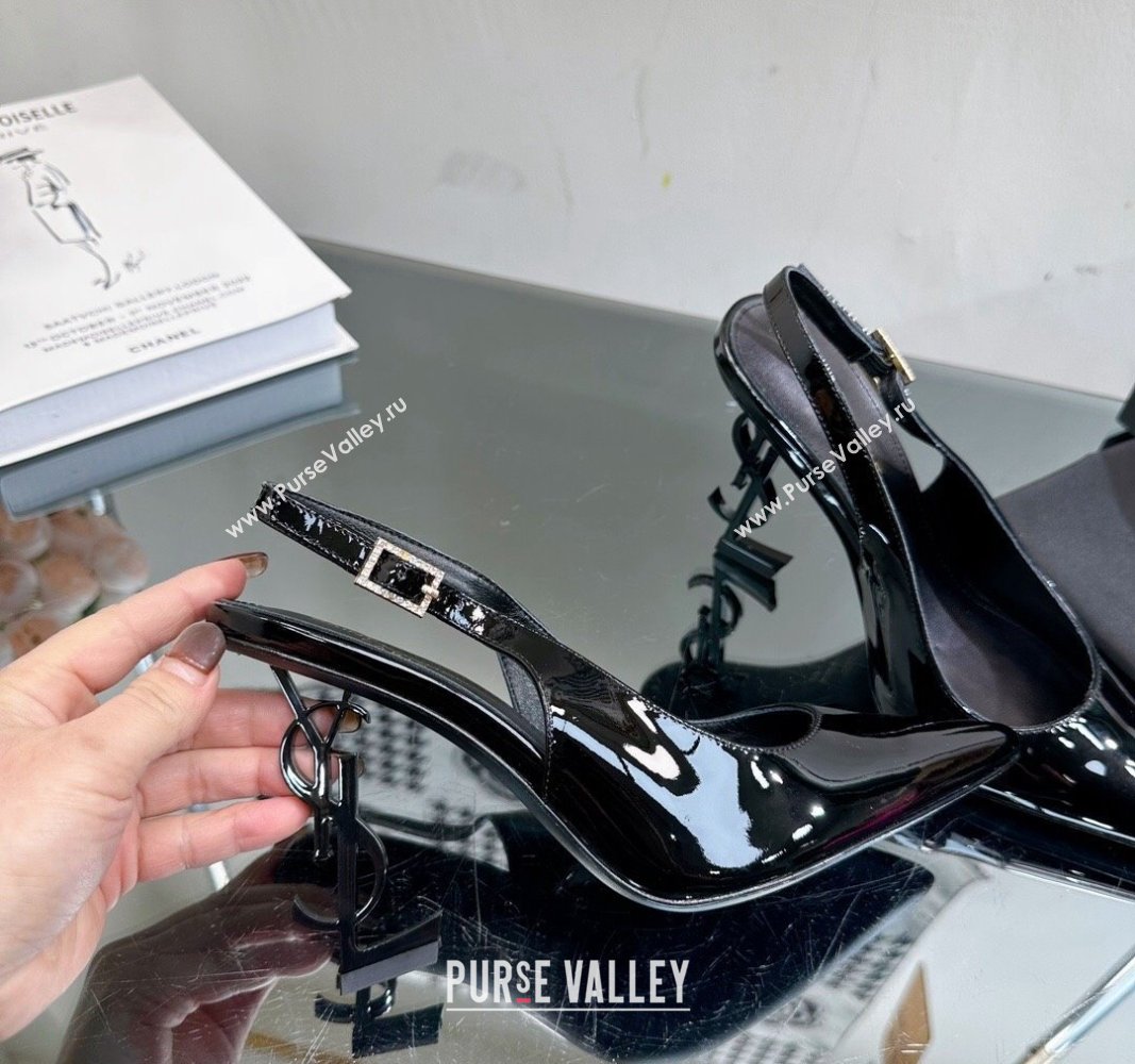 Saint Laurent Opyum Slingback Pumps 10.5cm in Black Patent Leather with Crystal Buckle 2024 YSL010801 (MD-240108081)