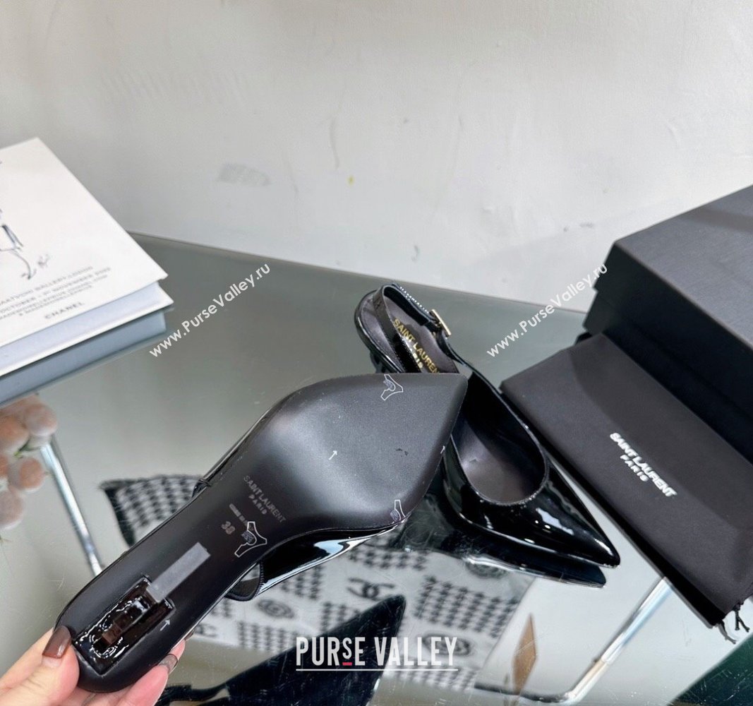 Saint Laurent Opyum Slingback Pumps 10.5cm in Black Patent Leather with Crystal Buckle 2024 YSL010801 (MD-240108081)