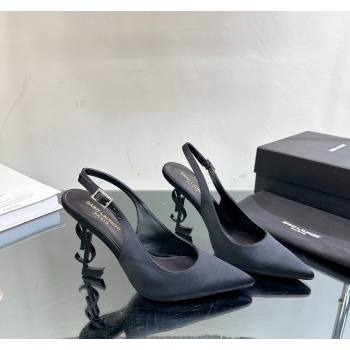 Saint Laurent Opyum Slingback Pumps 10.5cm in Satin with Crystal Buckle Black 2024 YSL010801 (MD-240108083)