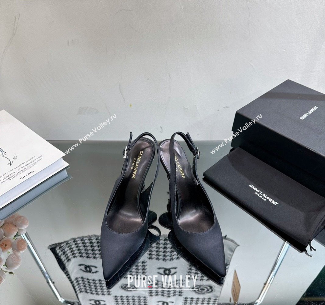 Saint Laurent Opyum Slingback Pumps 10.5cm in Satin with Crystal Buckle Black 2024 YSL010801 (MD-240108083)