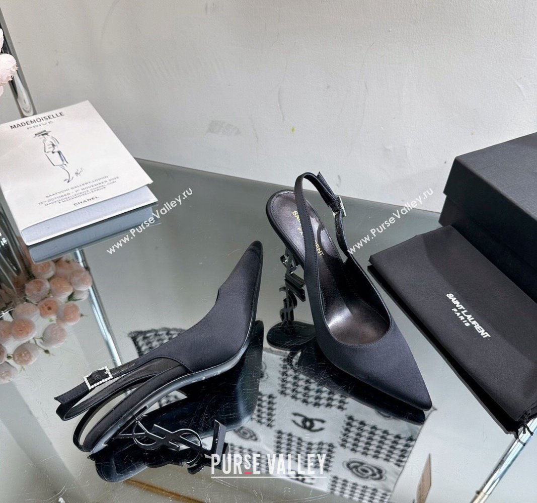 Saint Laurent Opyum Slingback Pumps 10.5cm in Satin with Crystal Buckle Black 2024 YSL010801 (MD-240108083)