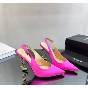 Saint Laurent Opyum Slingback Pumps 10.5cm in Satin with Crystal Buckle Neon Pink 2024 YSL010801 (MD-240108084)