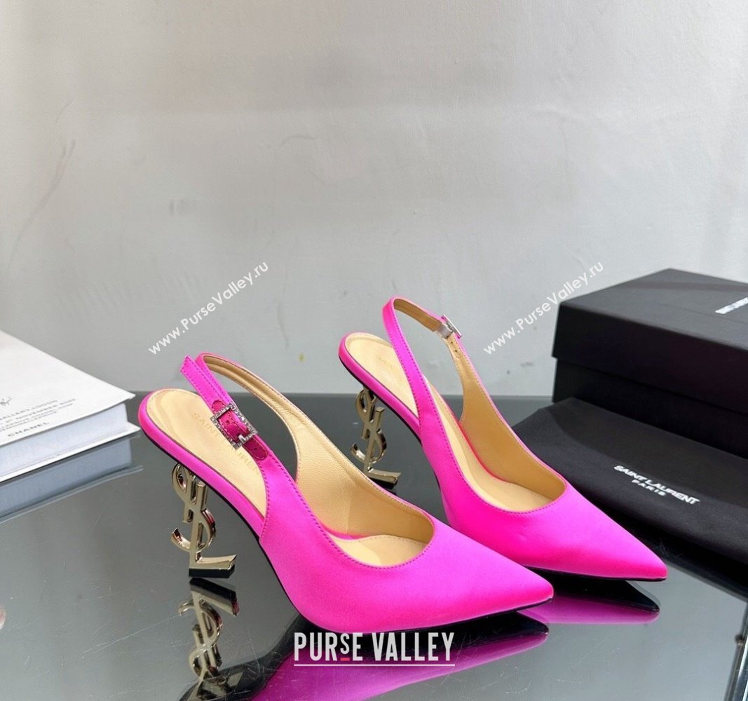 Saint Laurent Opyum Slingback Pumps 10.5cm in Satin with Crystal Buckle Neon Pink 2024 YSL010801 (MD-240108084)