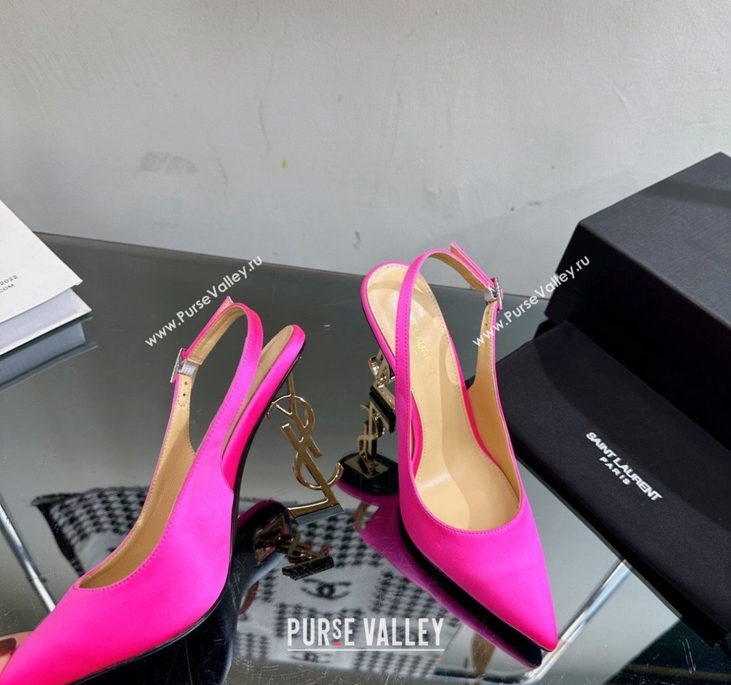 Saint Laurent Opyum Slingback Pumps 10.5cm in Satin with Crystal Buckle Neon Pink 2024 YSL010801 (MD-240108084)