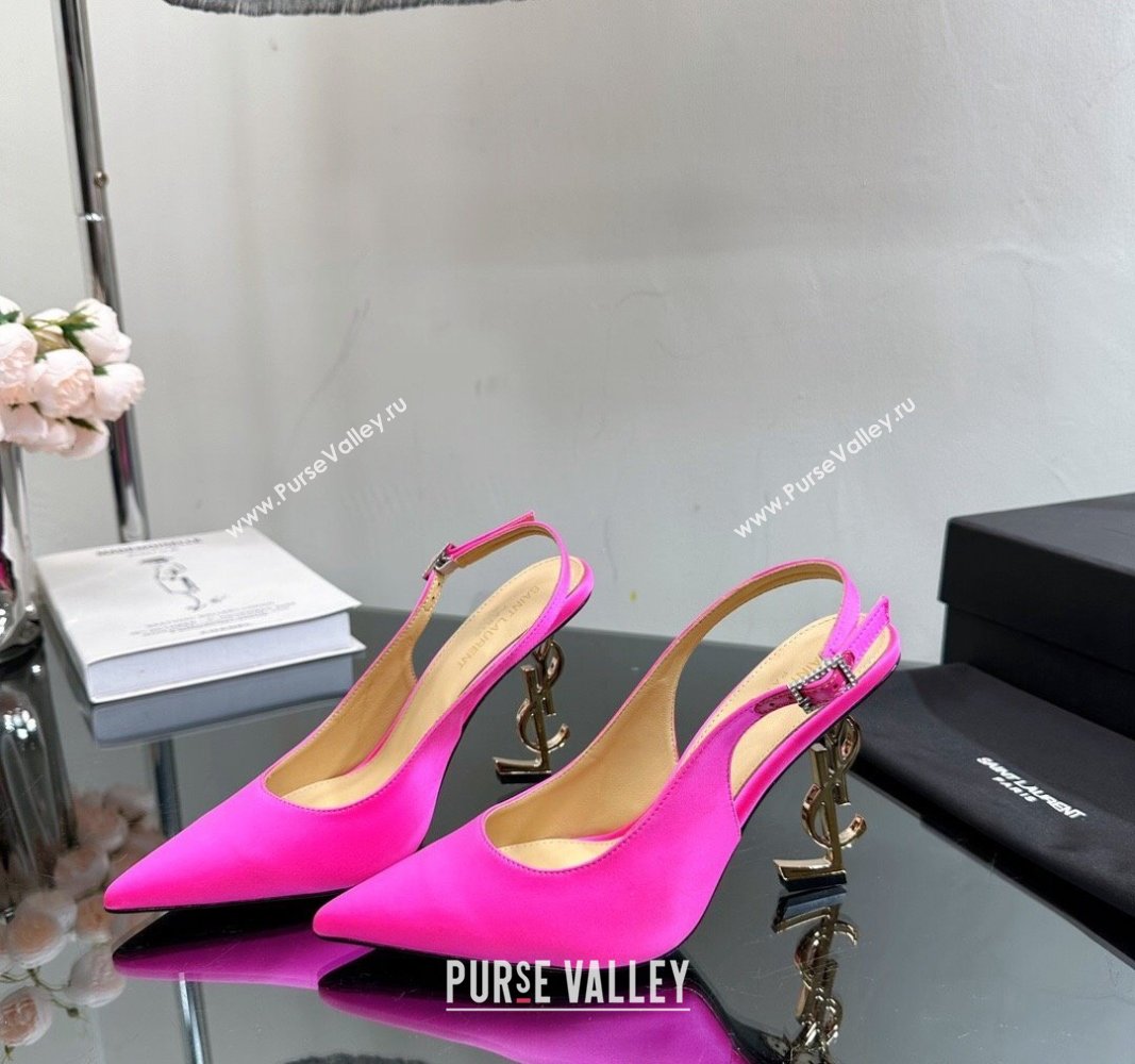 Saint Laurent Opyum Slingback Pumps 10.5cm in Satin with Crystal Buckle Neon Pink 2024 YSL010801 (MD-240108084)