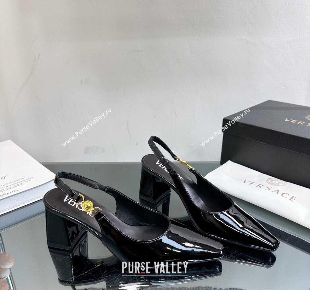 Versace Medusa 95 Mid Heel Slingback Pump 8cm in Patent Leather Black 2023 VE010303 (MD-240103049)