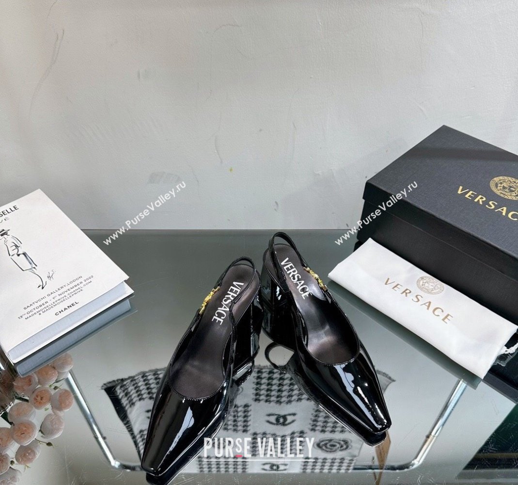 Versace Medusa 95 Mid Heel Slingback Pump 8cm in Patent Leather Black 2023 VE010303 (MD-240103049)