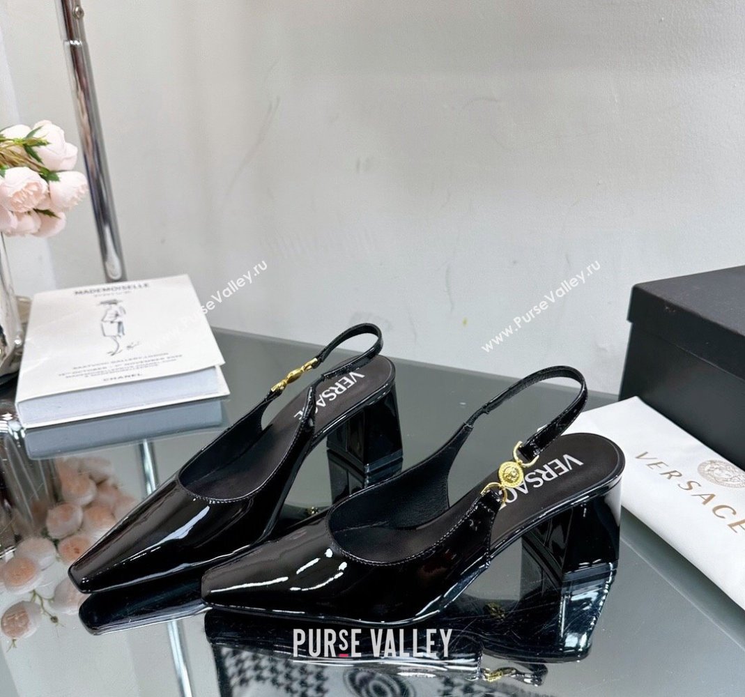 Versace Medusa 95 Mid Heel Slingback Pump 8cm in Patent Leather Black 2023 VE010303 (MD-240103049)