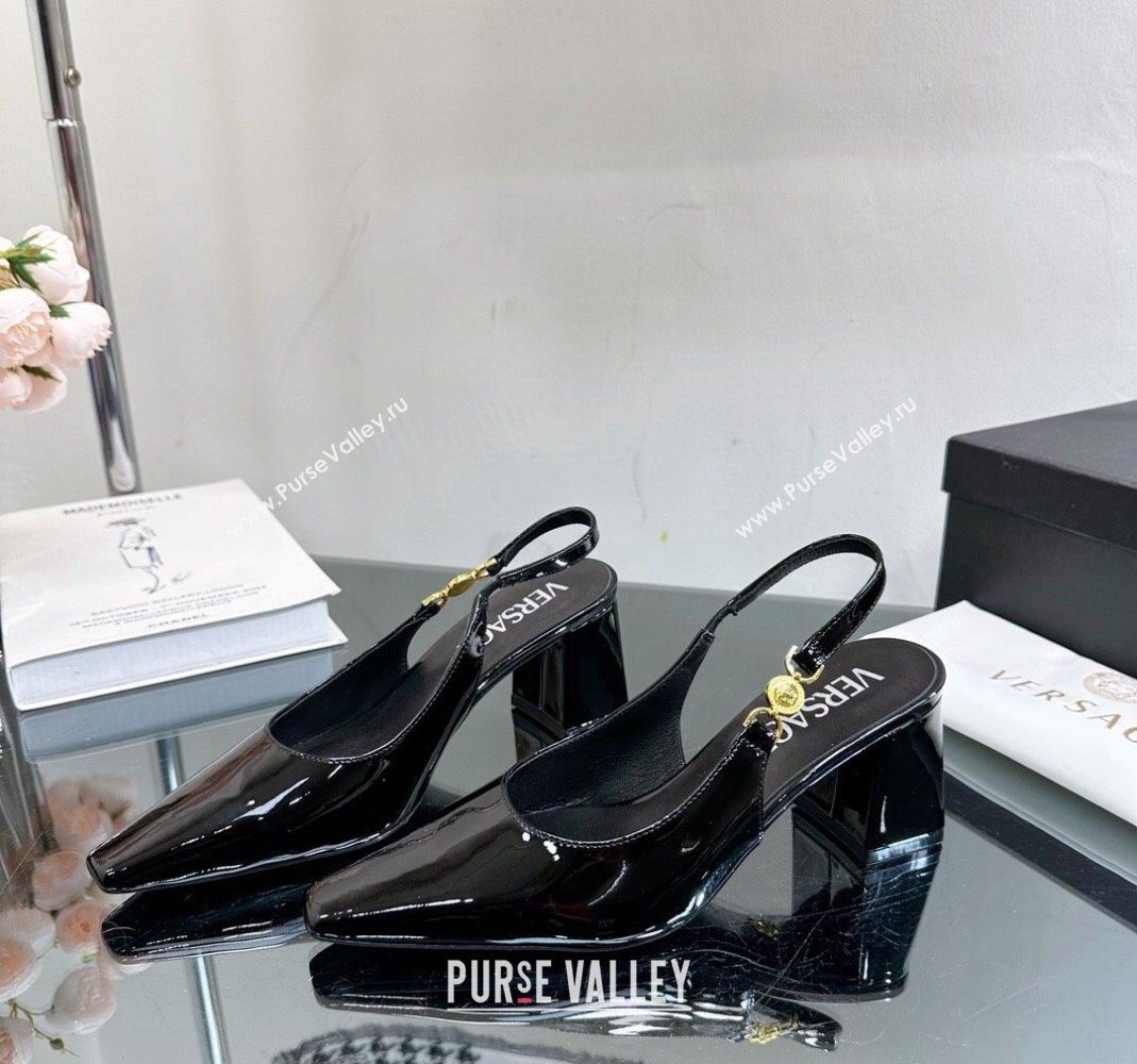 Versace Medusa 95 Mid Heel Slingback Pump 8cm in Patent Leather Black 2023 VE010303 (MD-240103049)