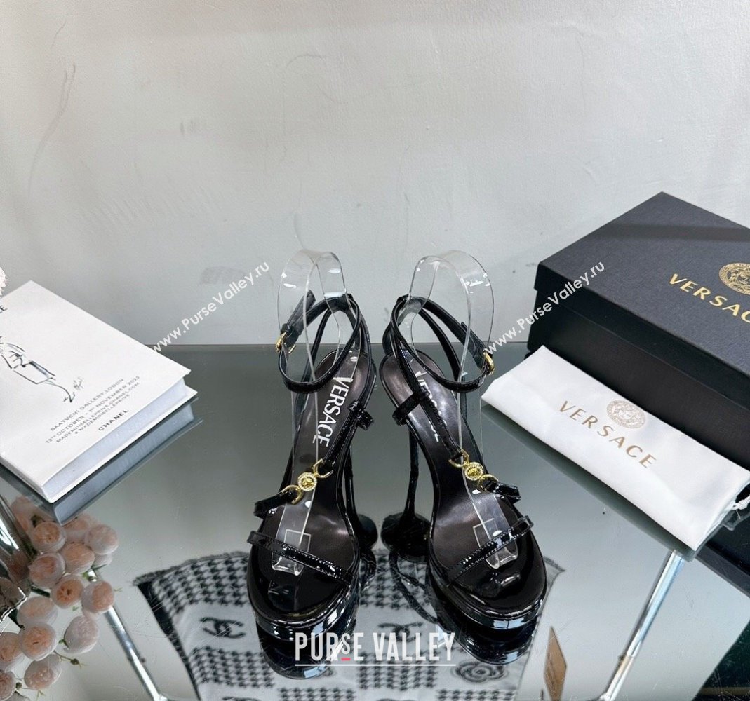 Versace Crystal Medusa 95 High Heel Platform Sandals 11cm in Patent Leather Black 2023 VE010305 (MD-240103053)