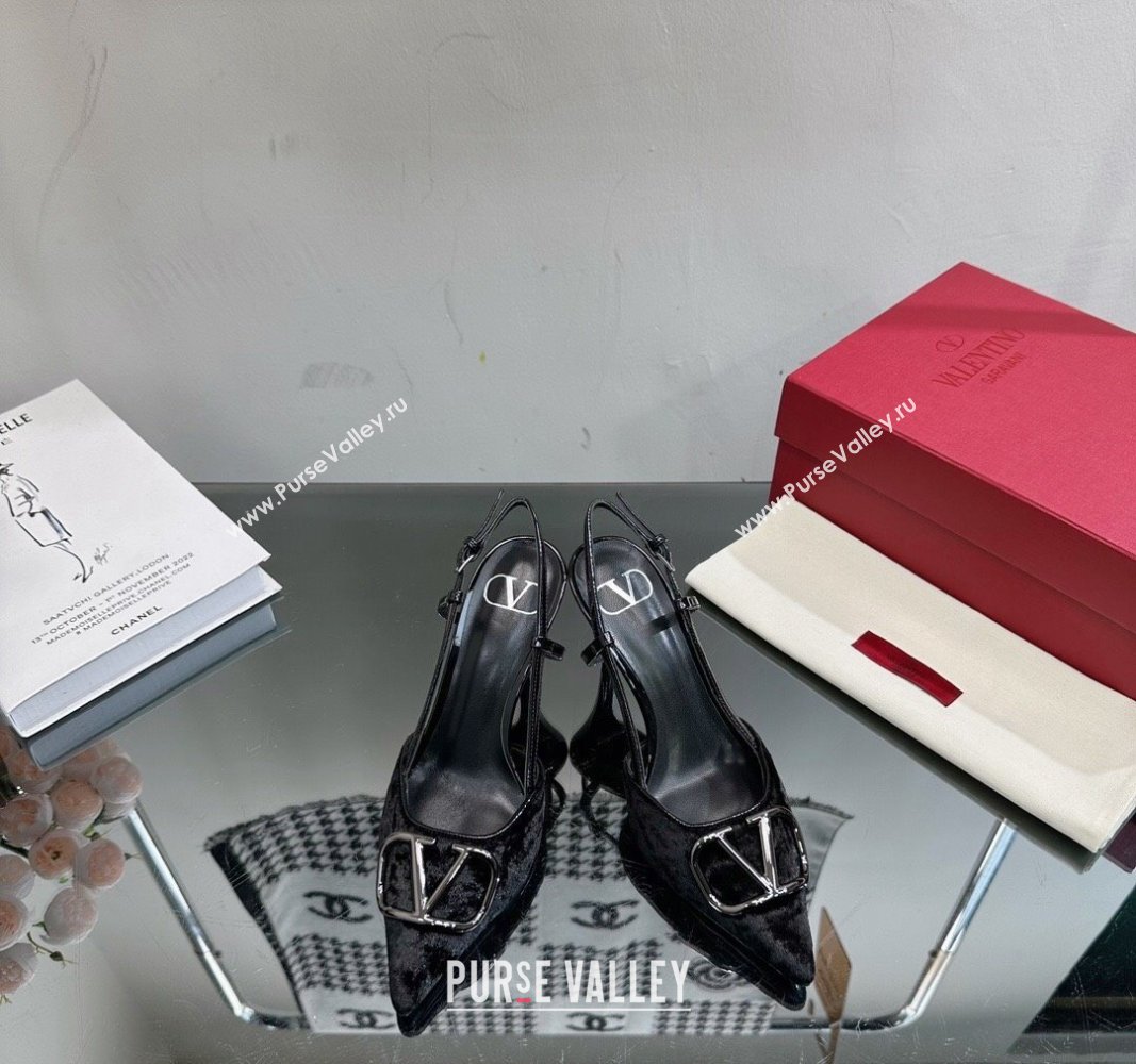 Valentino VLogo Signature Slingback Pumps 8cm in Velvet Black 2024 VL010803 (MD-240108099)
