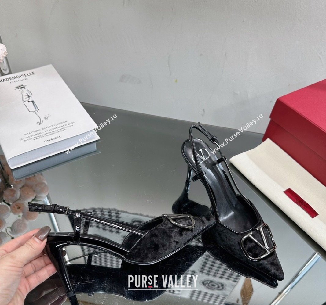 Valentino VLogo Signature Slingback Pumps 8cm in Velvet Black 2024 VL010803 (MD-240108099)