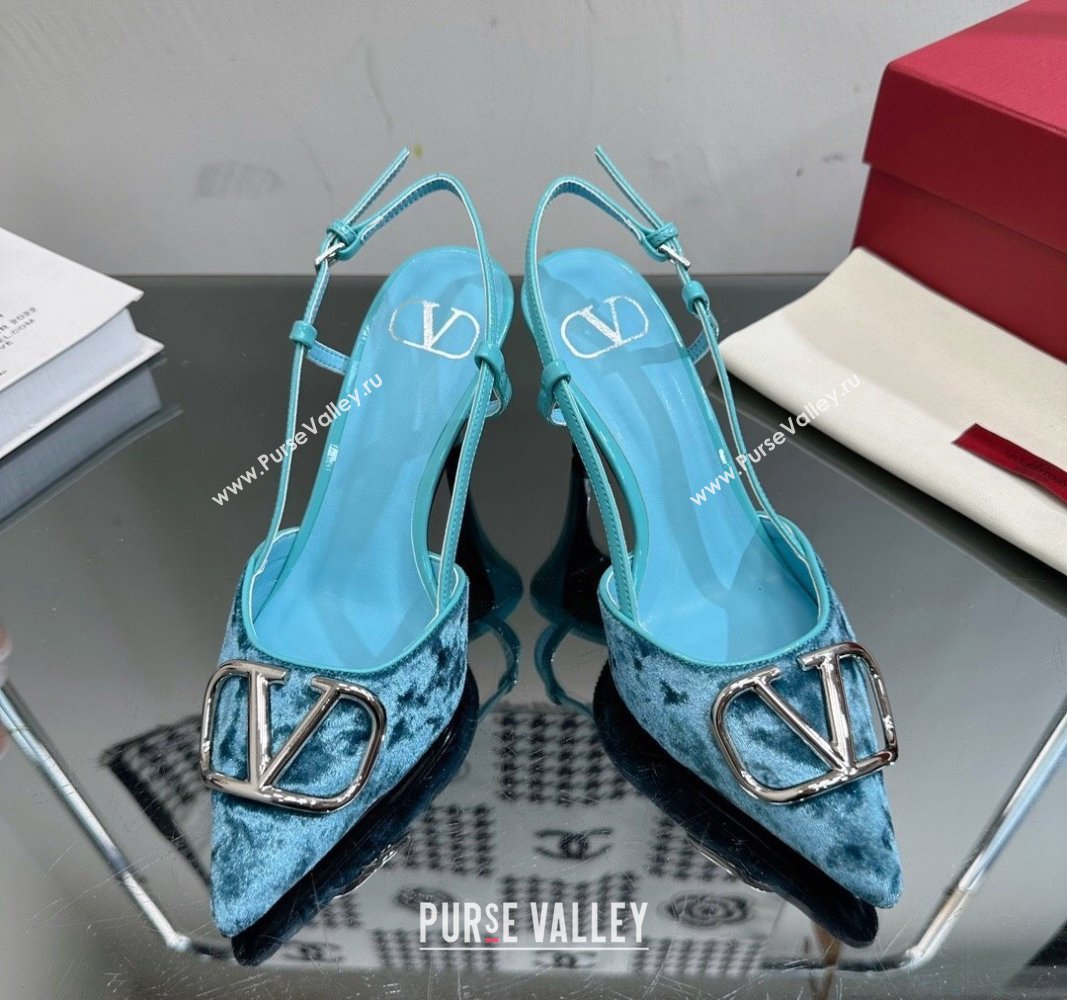 Valentino VLogo Signature Slingback Pumps 8cm in Velvet Light Blue 2024 VL010803 (MD-240108102)