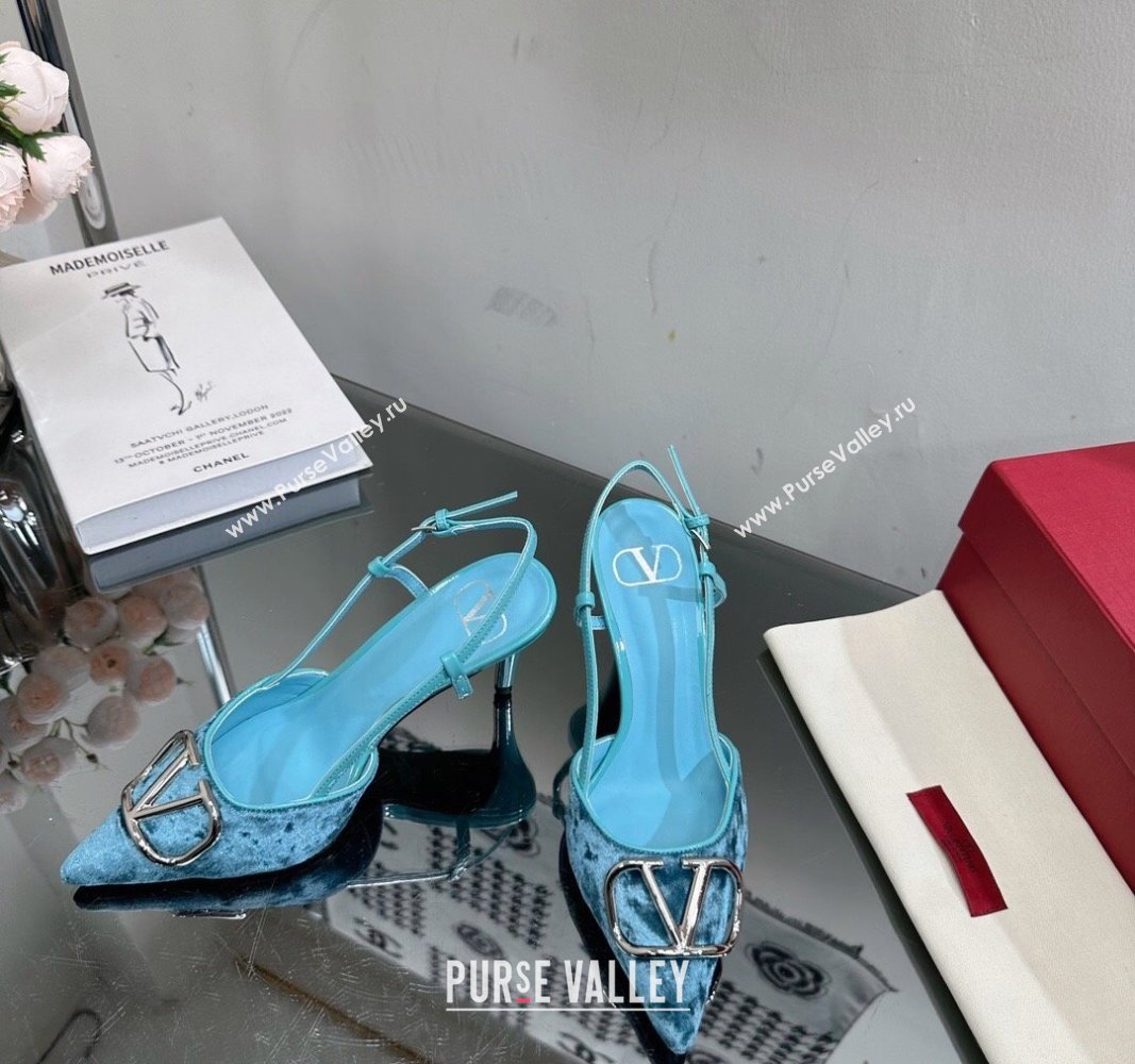 Valentino VLogo Signature Slingback Pumps 8cm in Velvet Light Blue 2024 VL010803 (MD-240108102)