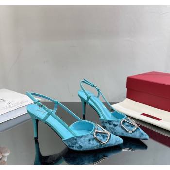 Valentino VLogo Signature Slingback Pumps 8cm in Velvet Light Blue 2024 VL010803 (MD-240108102)