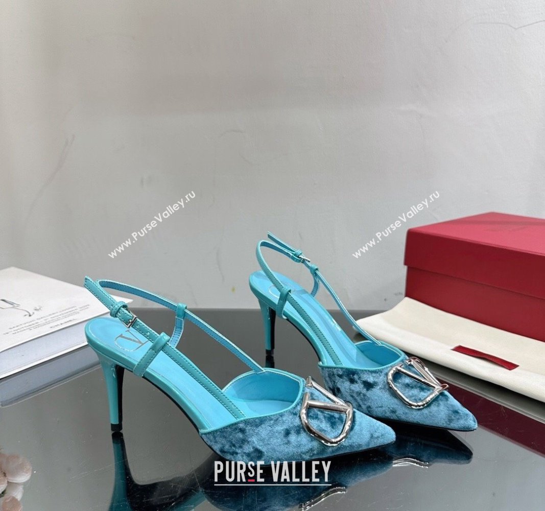 Valentino VLogo Signature Slingback Pumps 8cm in Velvet Light Blue 2024 VL010803 (MD-240108102)