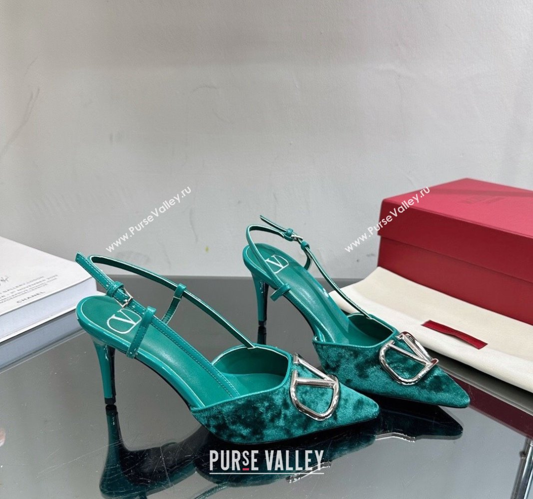 Valentino VLogo Signature Slingback Pumps 8cm in Velvet Green 2024 VL010803 (MD-240108106)