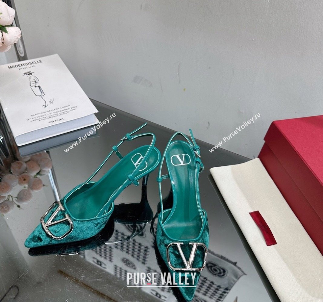 Valentino VLogo Signature Slingback Pumps 8cm in Velvet Green 2024 VL010803 (MD-240108106)