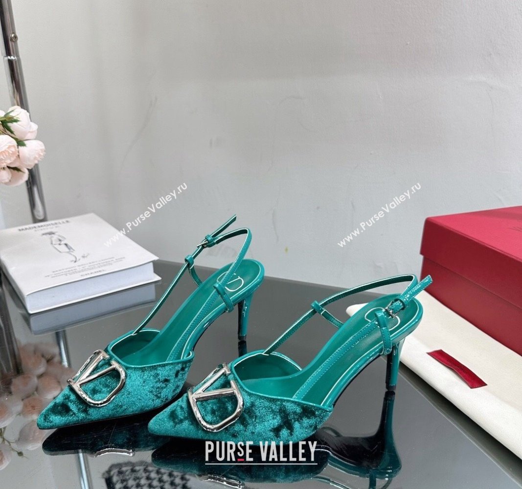 Valentino VLogo Signature Slingback Pumps 8cm in Velvet Green 2024 VL010803 (MD-240108106)