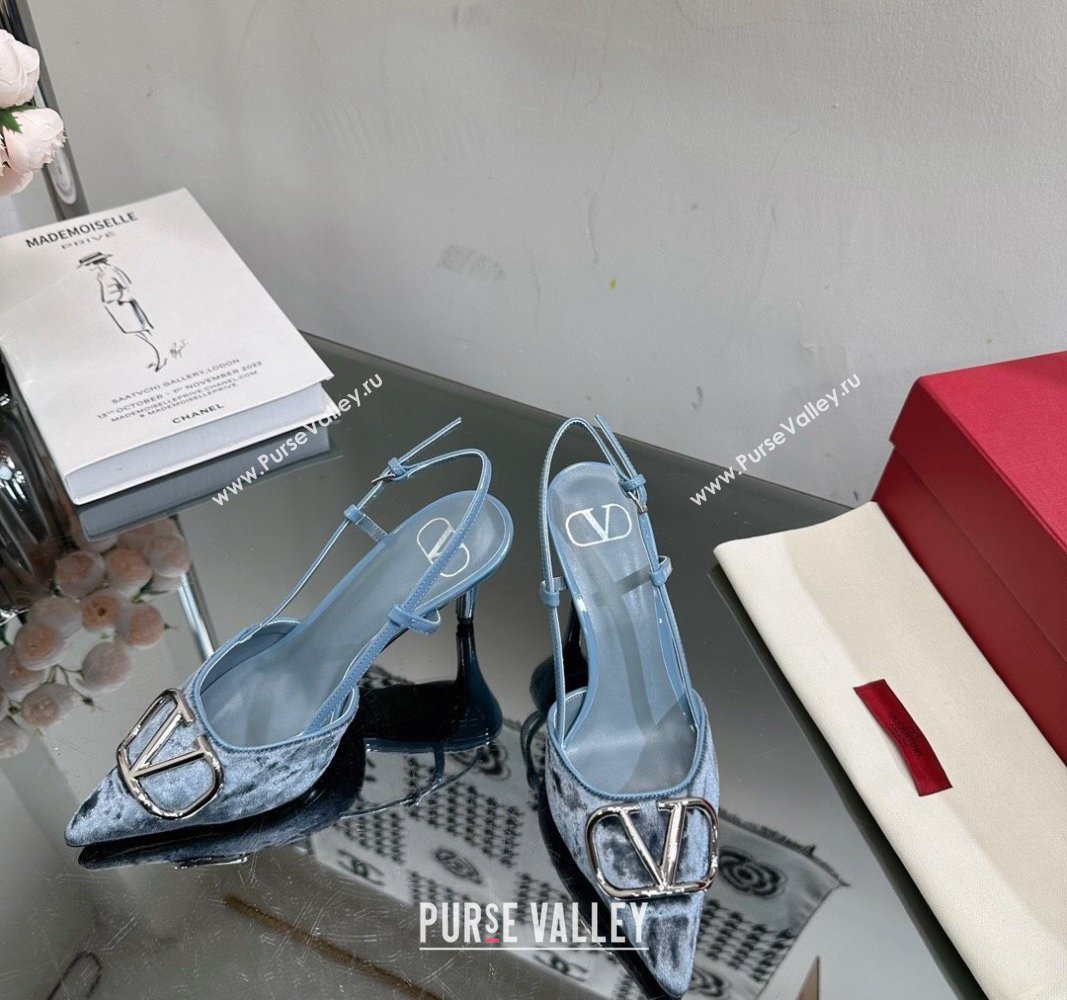 Valentino VLogo Signature Slingback Pumps 8cm in Velvet Pale Blue 2024 VL010803 (MD-240108108)