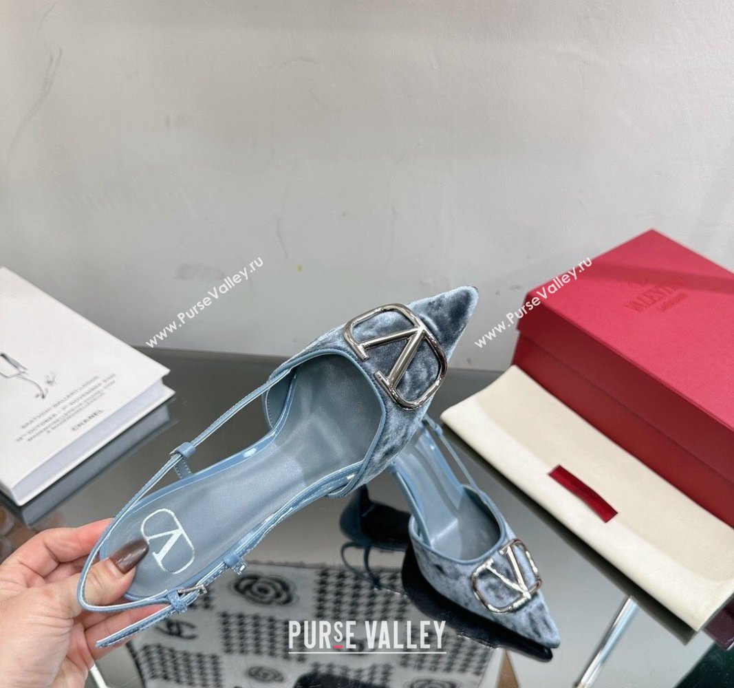 Valentino VLogo Signature Slingback Pumps 8cm in Velvet Pale Blue 2024 VL010803 (MD-240108108)