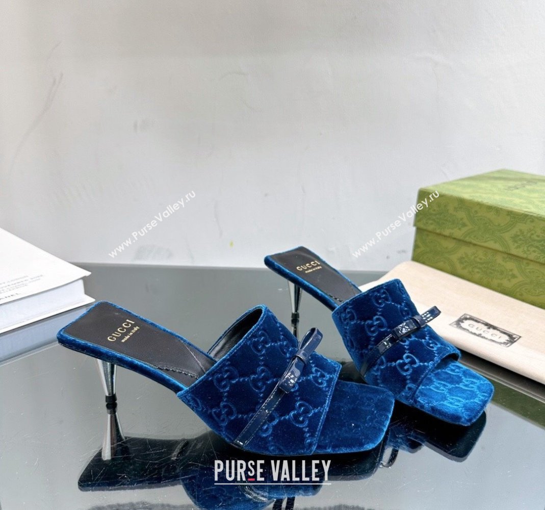 Gucci GG Velvet Heel Slide Sandals 5.5cm Blue 2024 764182 (MD-240105098)