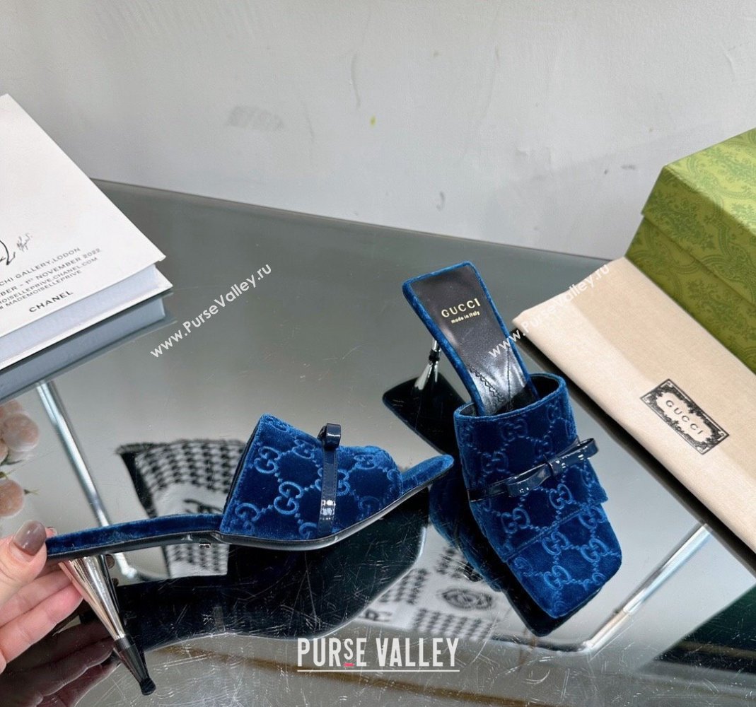 Gucci GG Velvet Heel Slide Sandals 5.5cm Blue 2024 764182 (MD-240105098)