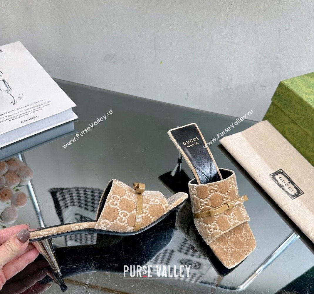 Gucci GG Velvet Heel Slide Sandals 5.5cm Beige 2024 764182 (MD-240105099)