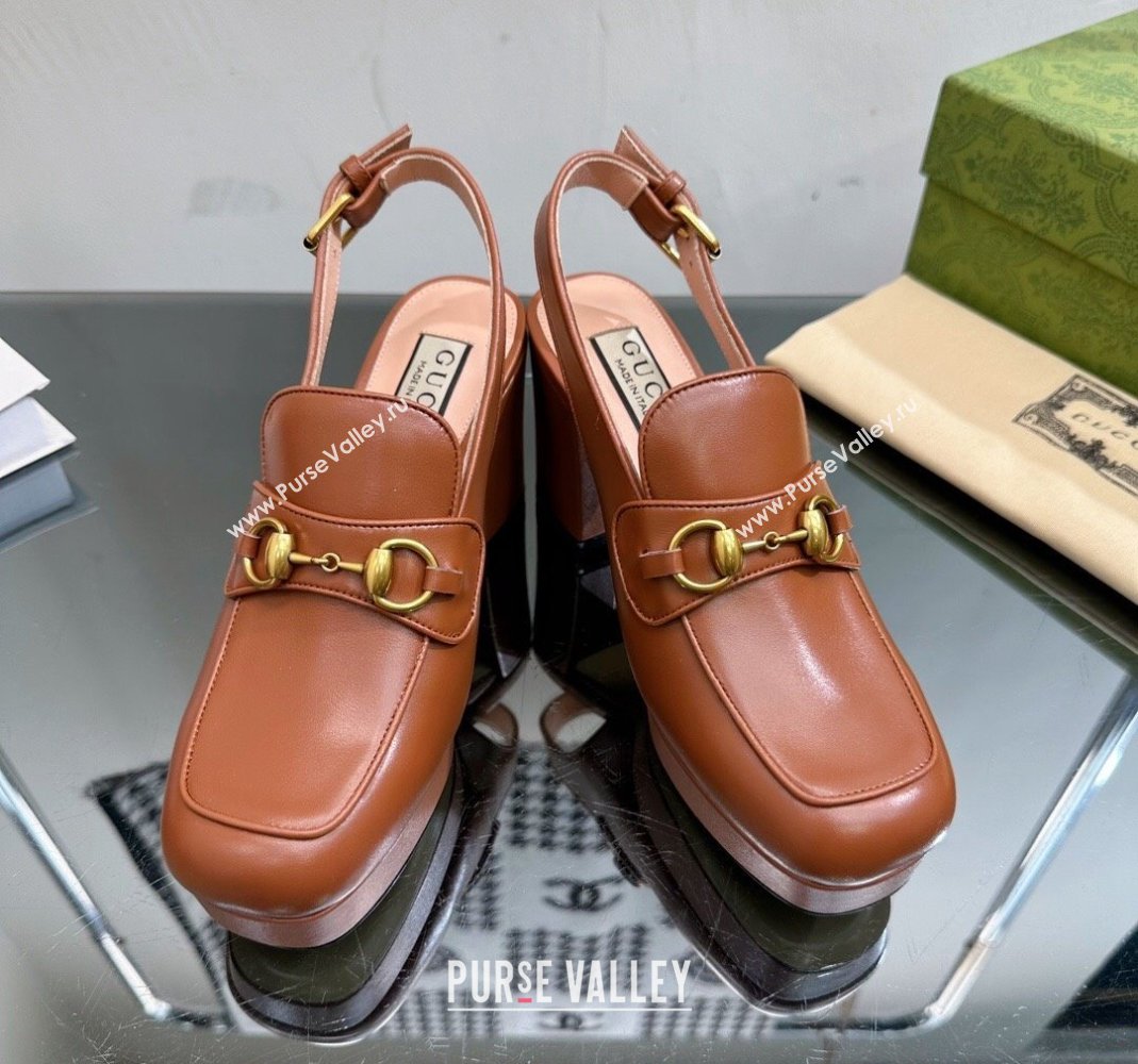 Gucci Leather Horsebit Slingback Pumps 8.5cm 771566 Brown 2024 (MD-240105110)