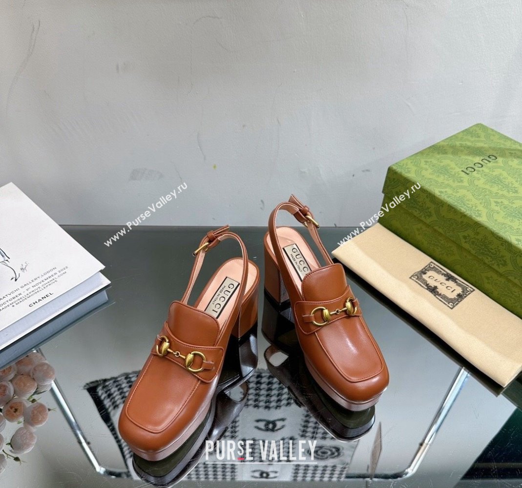 Gucci Leather Horsebit Slingback Pumps 8.5cm 771566 Brown 2024 (MD-240105110)