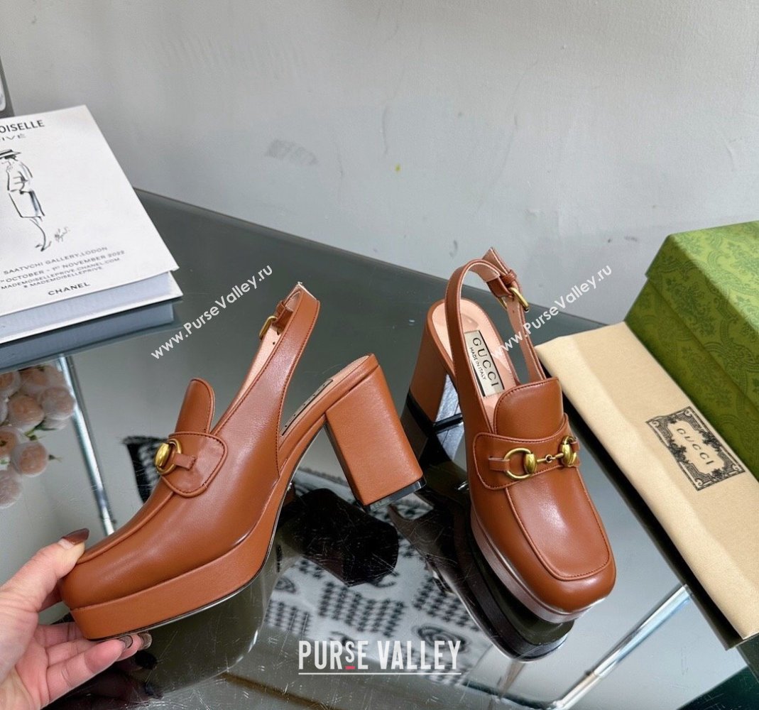 Gucci Leather Horsebit Slingback Pumps 8.5cm 771566 Brown 2024 (MD-240105110)