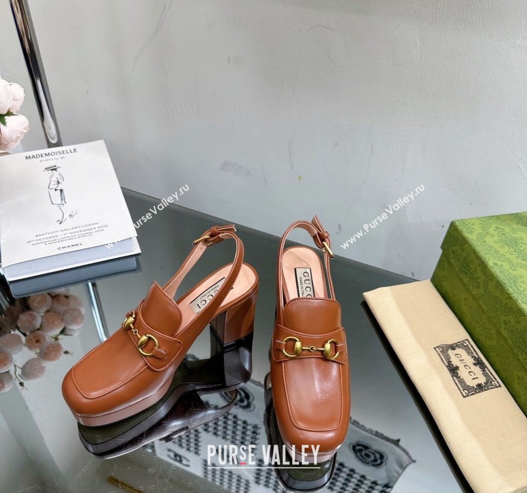 Gucci Leather Horsebit Slingback Pumps 8.5cm 771566 Brown 2024 (MD-240105110)