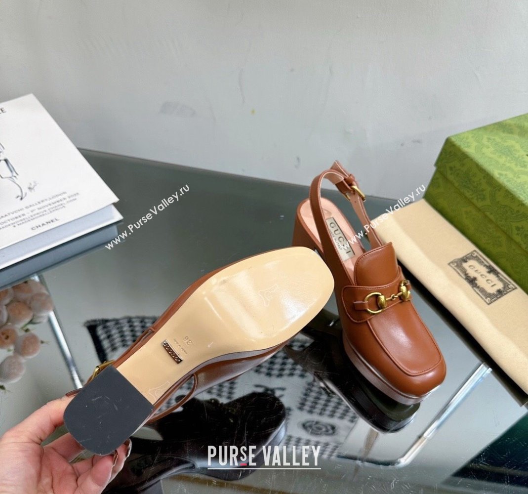 Gucci Leather Horsebit Slingback Pumps 8.5cm 771566 Brown 2024 (MD-240105110)