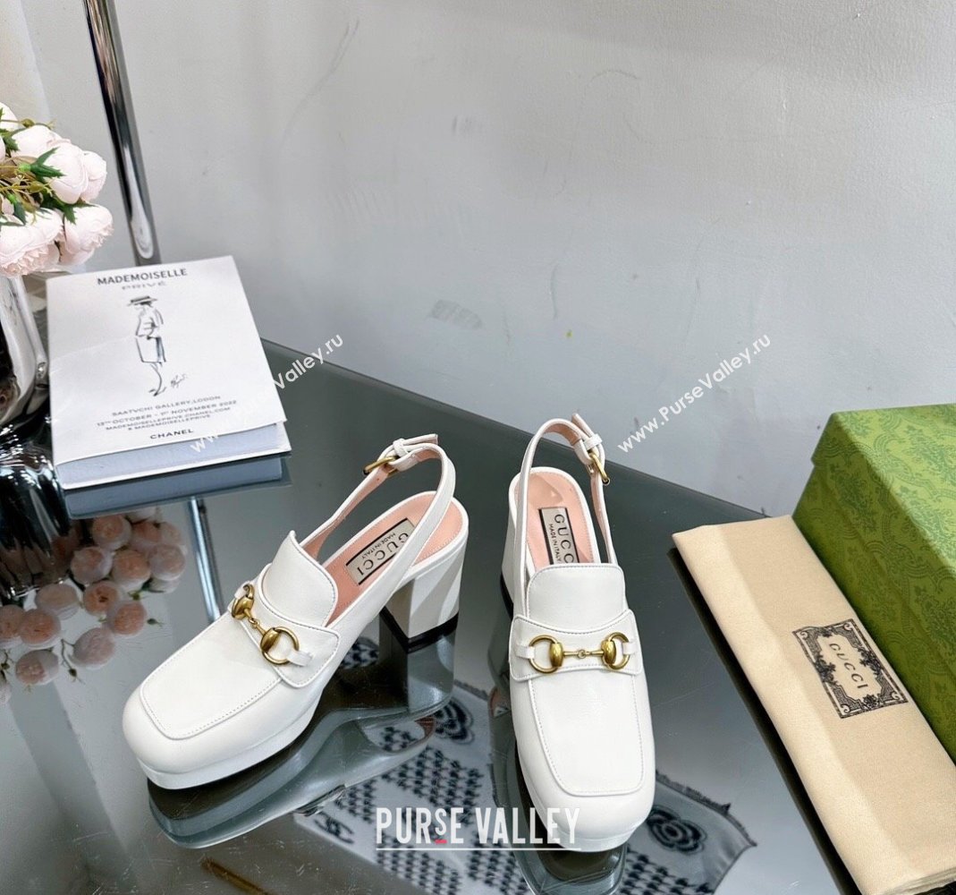 Gucci Leather Horsebit Slingback Pumps 8.5cm 771566 White 2024 (MD-240105111)