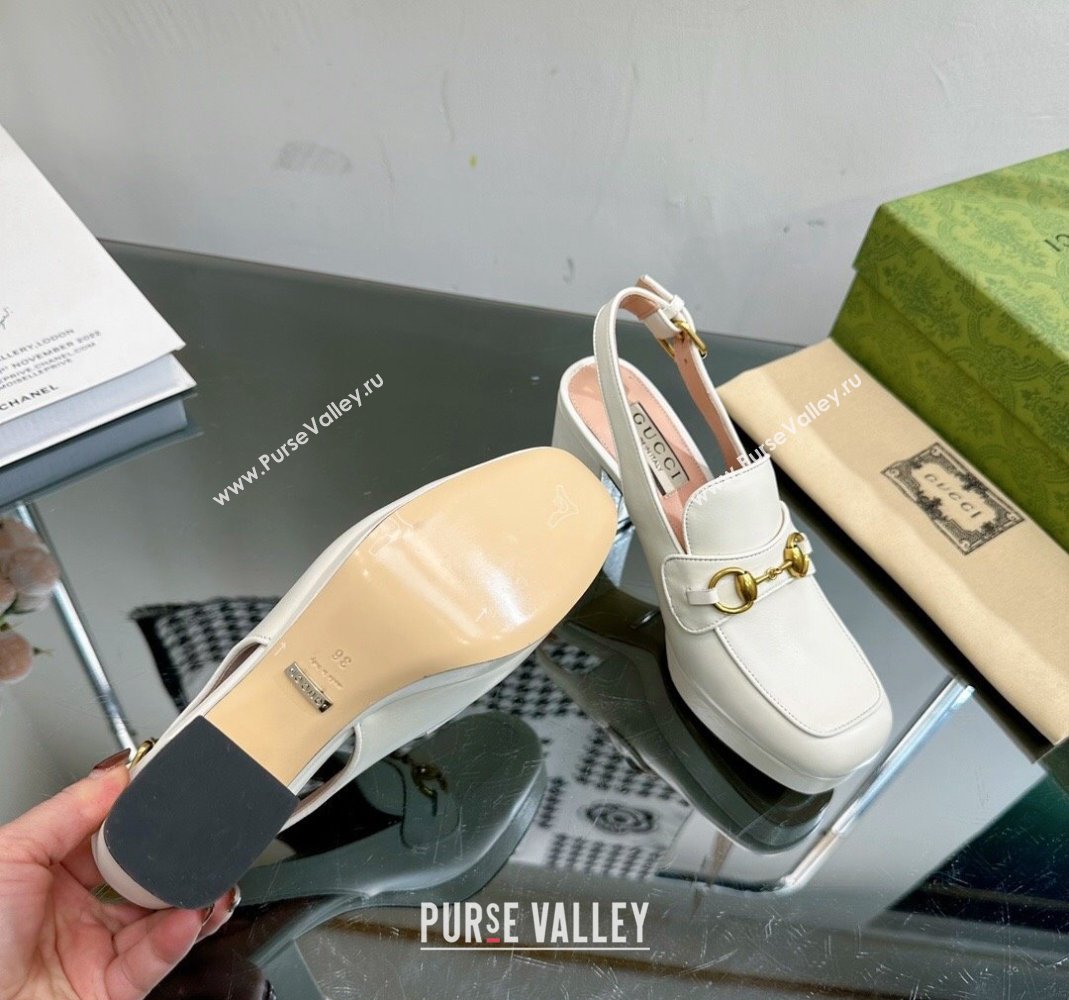 Gucci Leather Horsebit Slingback Pumps 8.5cm 771566 White 2024 (MD-240105111)