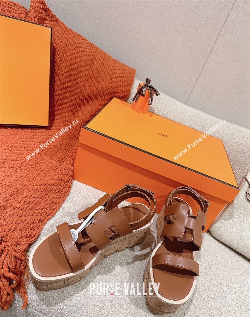 Hermes Havane 30 Platform Sandals 5.5cm in Calfskin Brown Leather 2024 (MD-240104018)