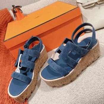 Hermes Havane 30 Platform Sandals 5.5cm in Suede Blue 2024 (MD-240104019)