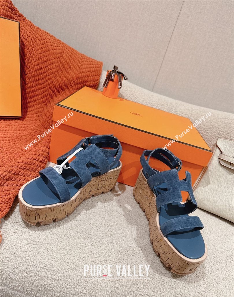 Hermes Havane 30 Platform Sandals 5.5cm in Suede Blue 2024 (MD-240104019)