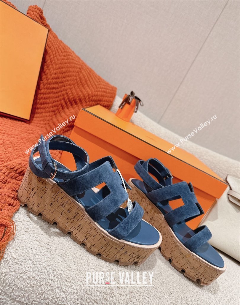 Hermes Havane 30 Platform Sandals 5.5cm in Suede Blue 2024 (MD-240104019)